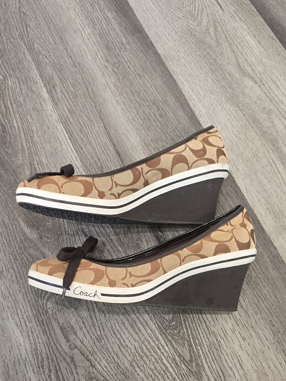 Coach Signature Canvas Wedge Pumps in Tan and Brown